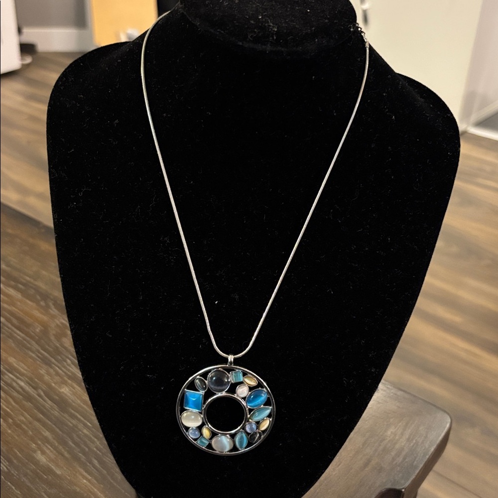 Faux Silver Necklace with Blue, Black & white Pendant